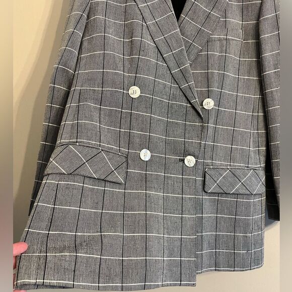 Giorgio Sant’Angelo Gray Plaid Linen Blazer 80s VTG Double Breasted 8 windowpane - Picture 5 of 10